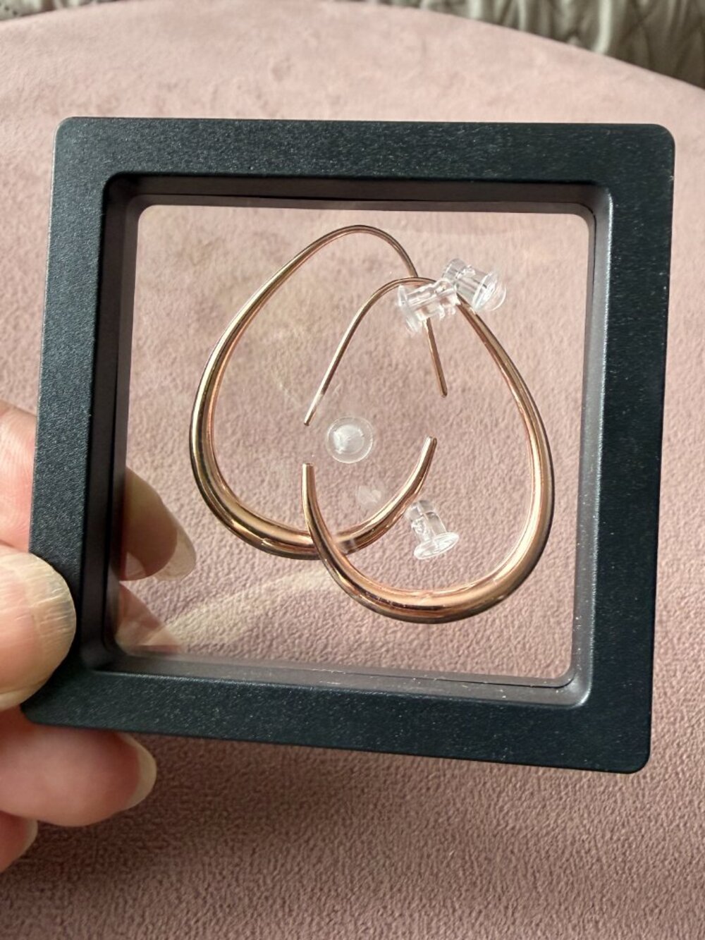 Rose Gold Oval Pull Through Hoop Earrings - Picture 5 of 6